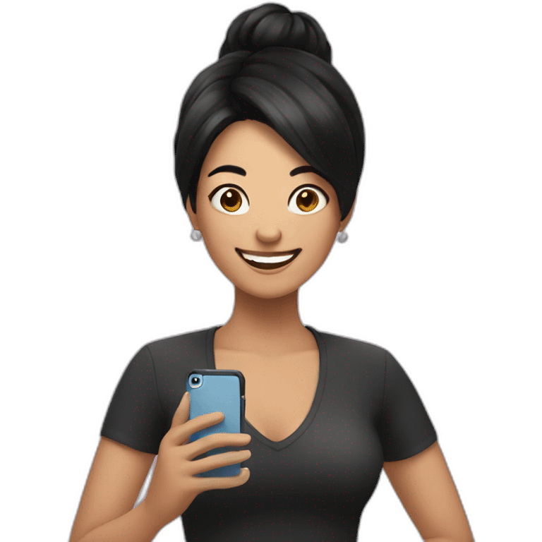 happy woman with black hair holding a iphone emoji