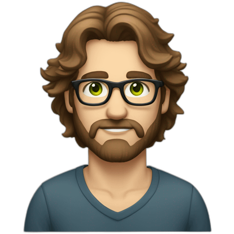 A serious guy with long, slightly wavy brown hair, green eyes, fairly thin black glasses and a fairly thin and small beard emoji