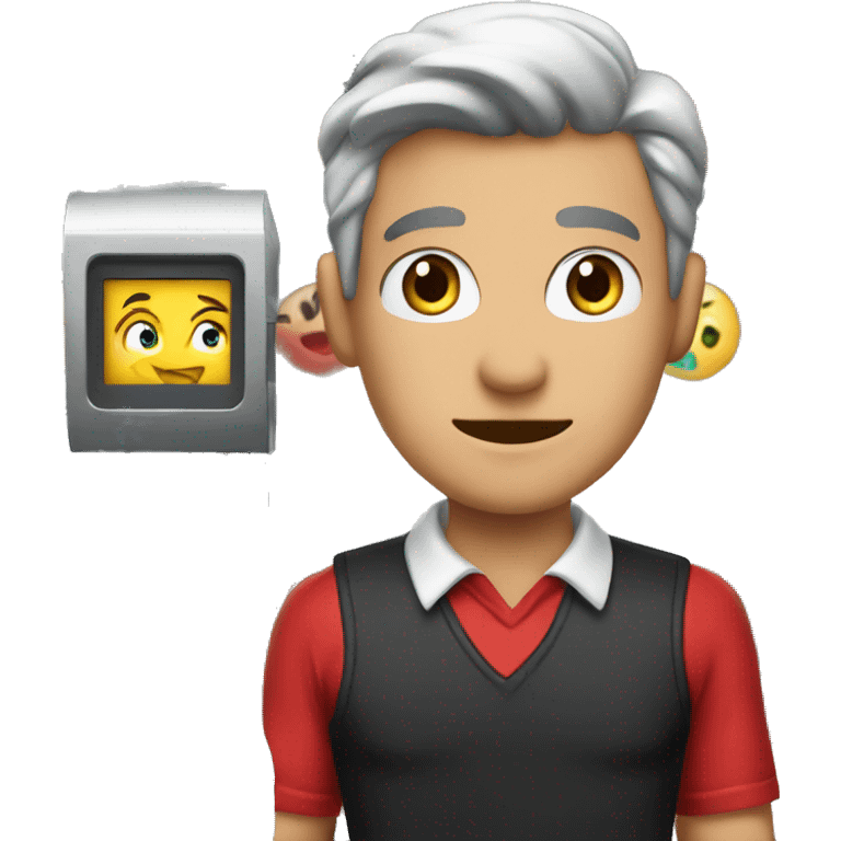 a male cashier in red dress next to chashier machine emoji