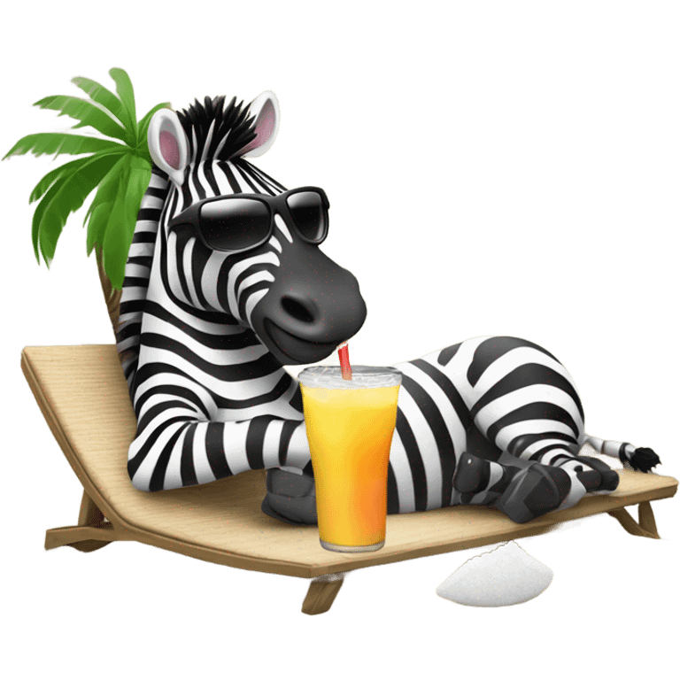 A zebra wearing sunglasses, sunbathing on the beach with a coconut drink emoji