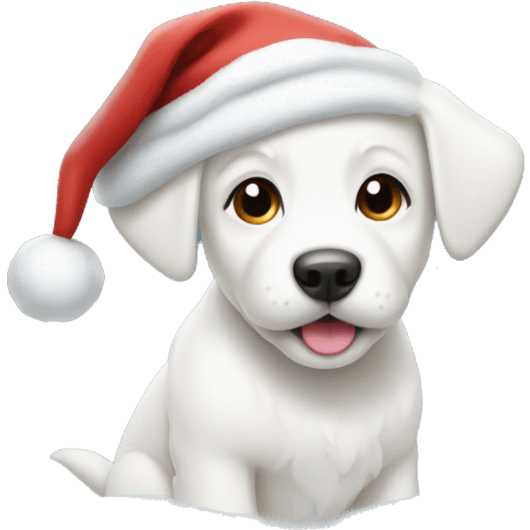 White puppies in snow and santa hat emoji