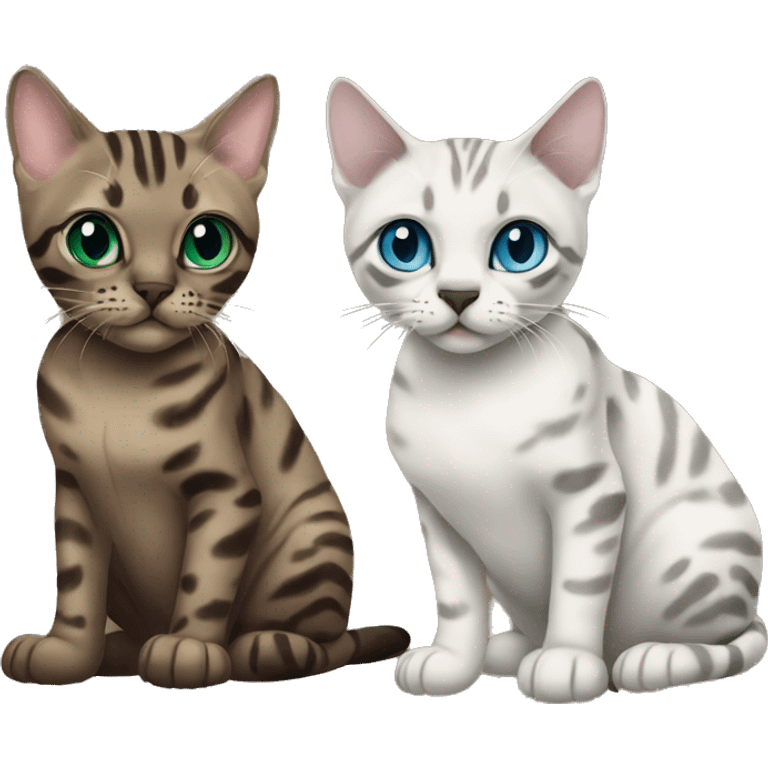 Seal Bengal cat with Blue eyes + charcoal Sepia bengal cat with Green eyes sitting  emoji