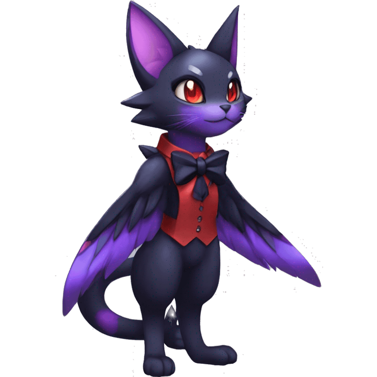 cool anthro edgy black purple red ethereal fantasy nargacuga-Noivern-cat-Fakemon collar harness bow tie and bracers full body emoji