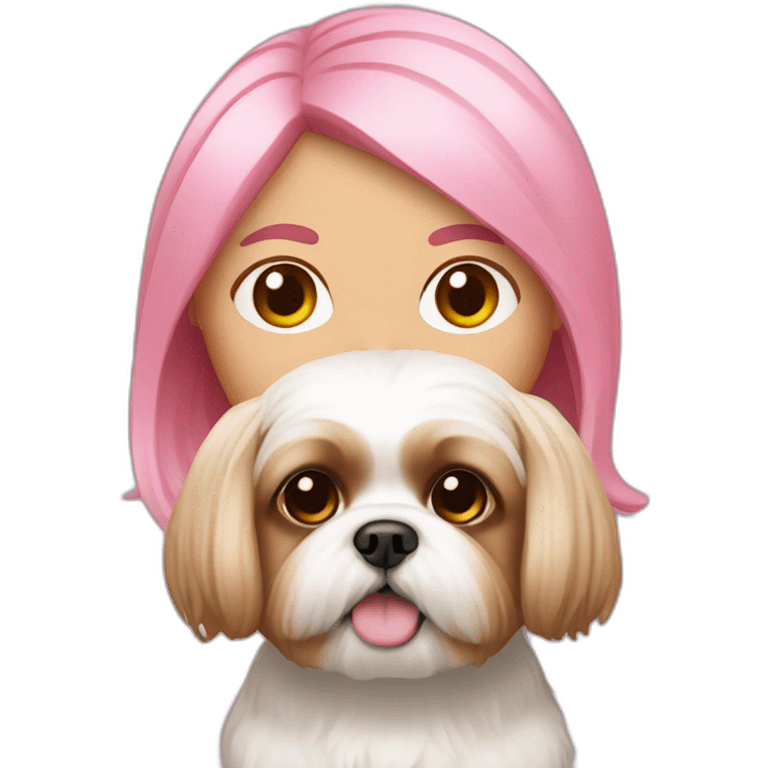 pink haired woman with light skin and a shih tzu emoji