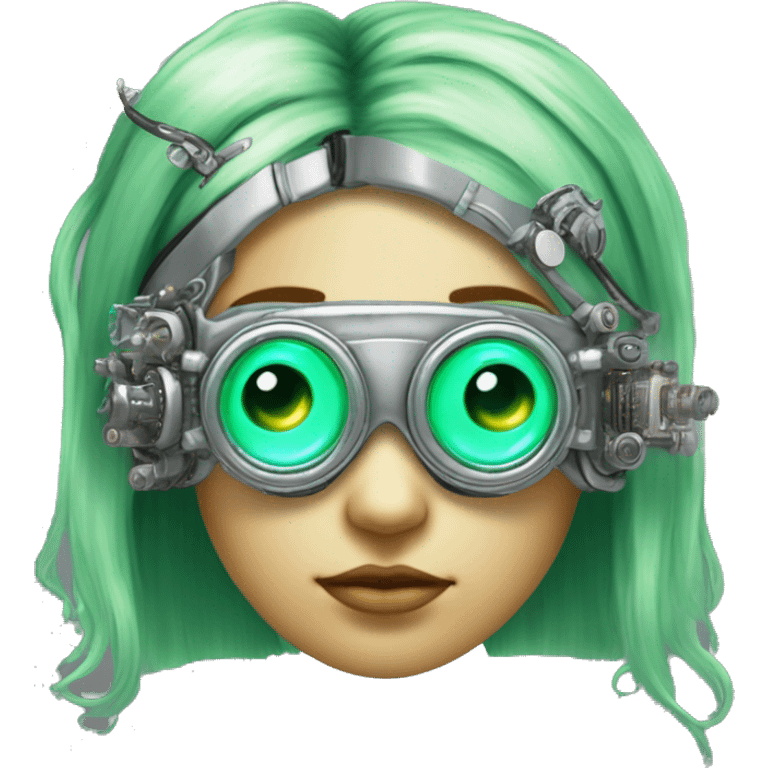 Light green long hair female cyborg head with silver steampunk goggles as a headband, circuits emoji