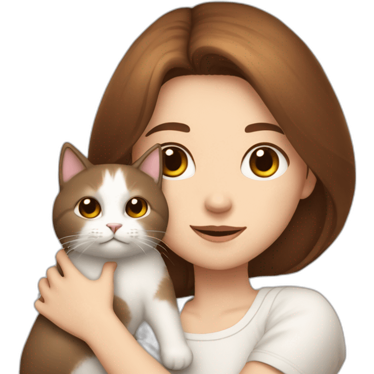 A girl with brown straight hair and a white fluffy cat lying in her arms with eyes of different colors emoji