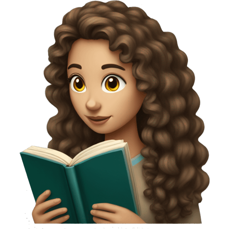 A young woman with long curly brown hair, she has light, white skin, there are two moles on her right cheek, she has brown eyes, she looks not at the camera, but at an open book in her hands emoji