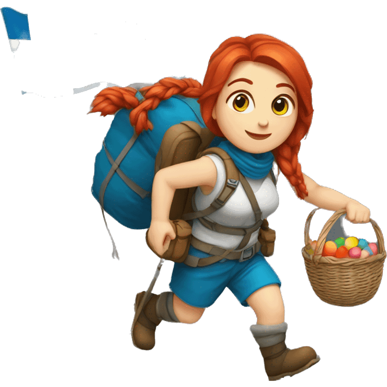 red hair female winter mountaineer climbing with Easter eggsbasket and Greek flag emoji