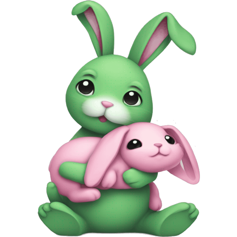 Green bunny hugging pink bunny emoji