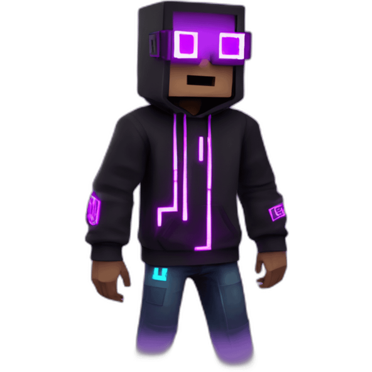 Minecraft steve wearing a black hoodie with "OMG" letters on it and VR headset in a cyberpunk VR environment with violet neon lighting. emoji