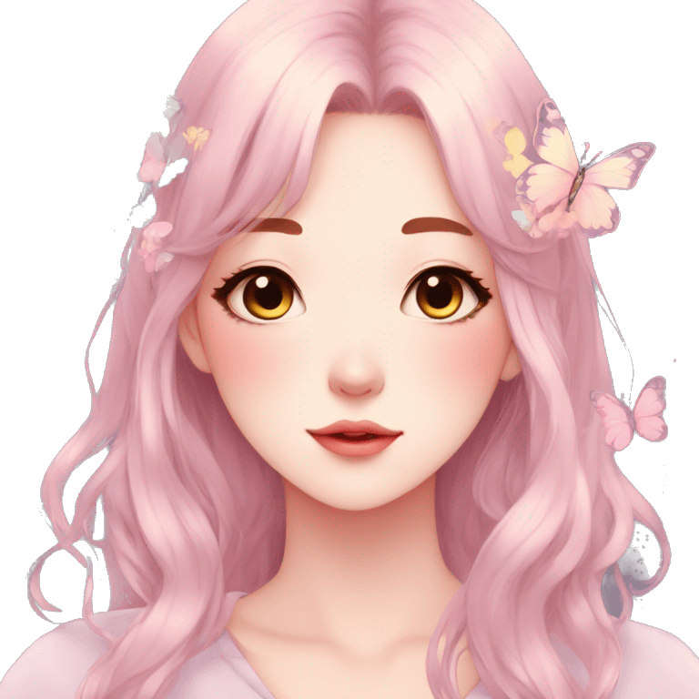 Gorgeous pastel anime style lady with blushing face and butterflies aesthetic trending style emoji