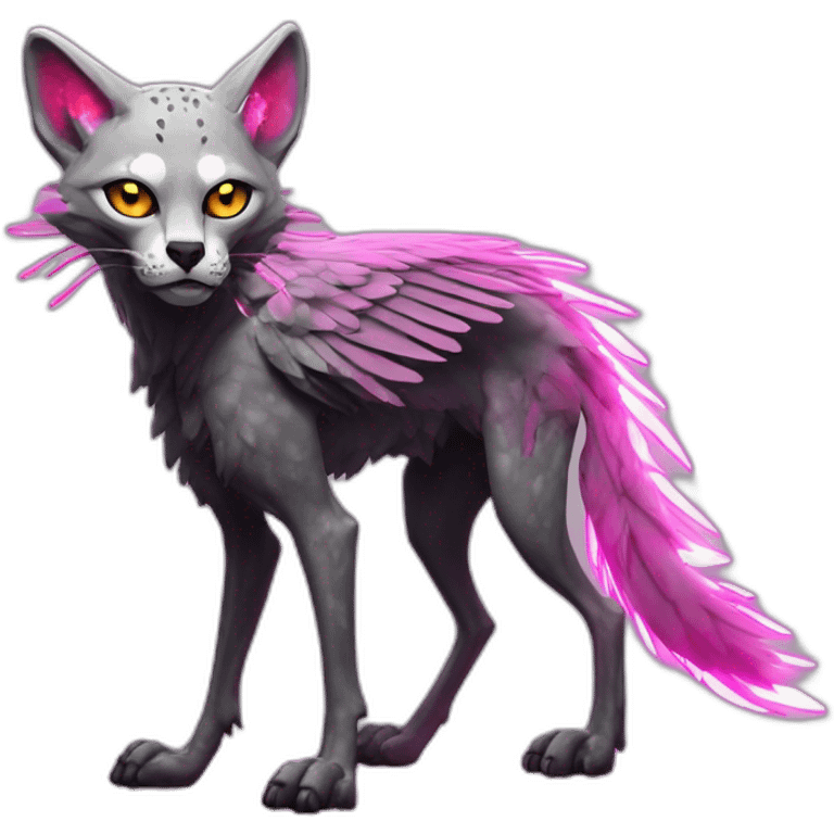 Coyote ocelot standing with grey and black fur and phoenix wings on back and pink ears half skeleton zombie, neon lights emoji