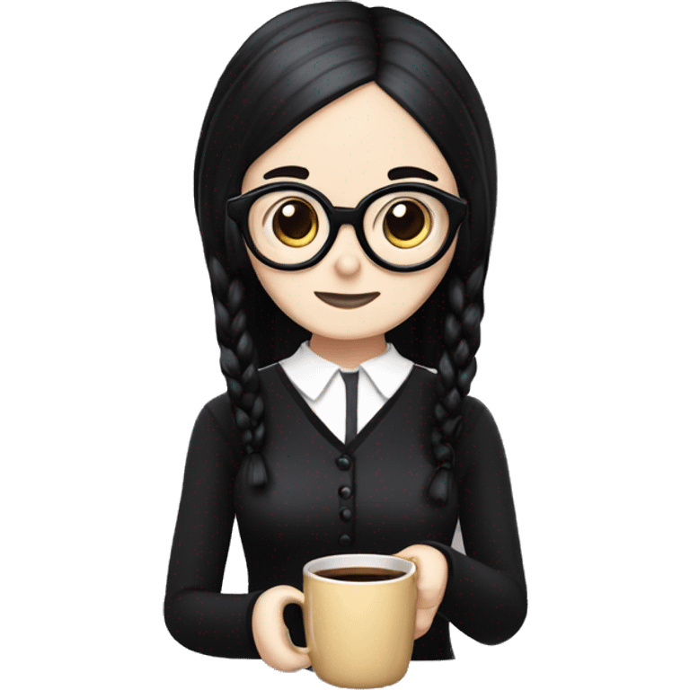 Wednesday Addams wearing square black glasses an holding a steaming coffee  mug  emoji