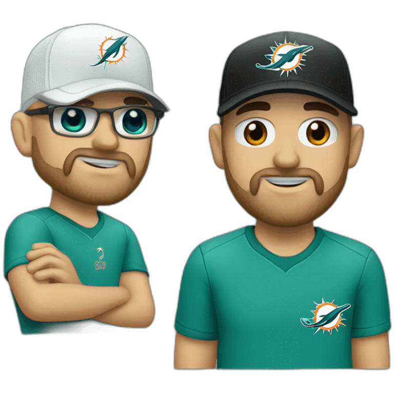 white bald and bearded man wearing a black cap and a headset with a miami dolphins t-shirts emoji