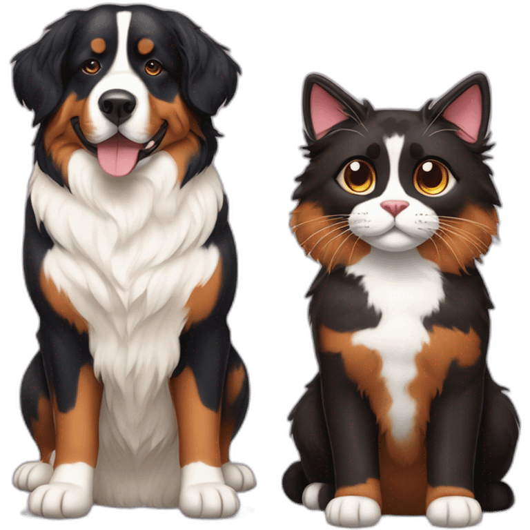 A Bernese dog next to A tortoiseshell cat without white emoji