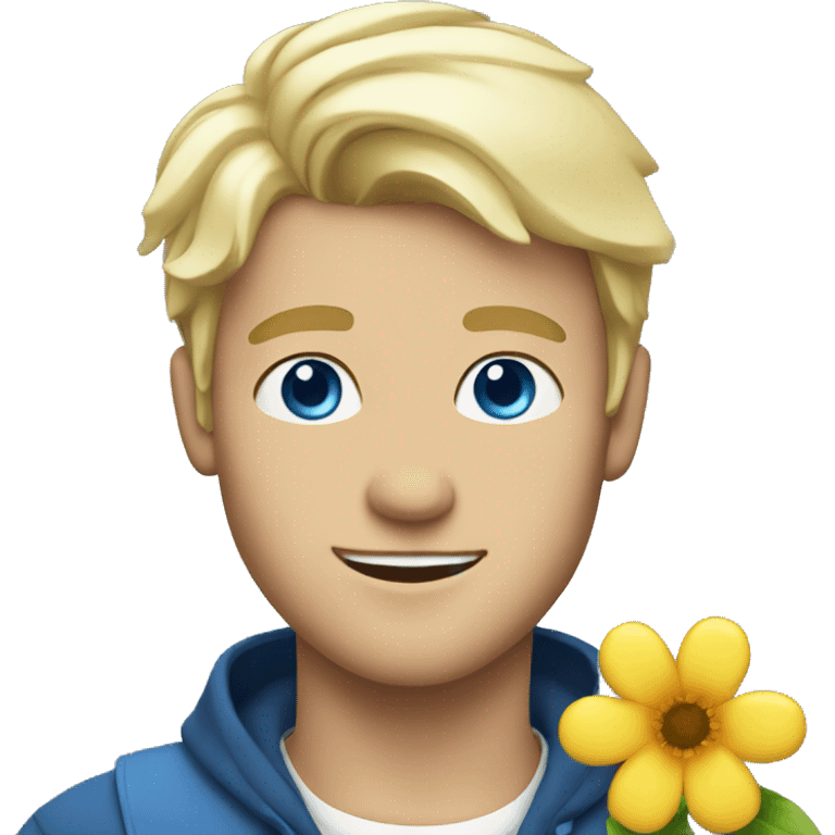 Blonde guy with blue eyes holding flower emoji