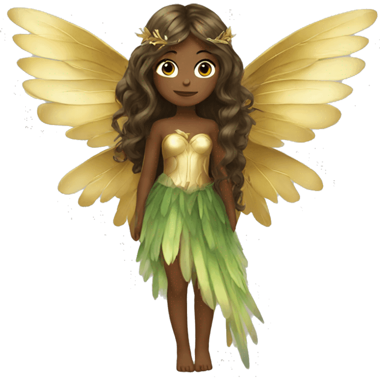 big wings, Beautiful, fairy, gold, brown, dark green, green, long hair emoji