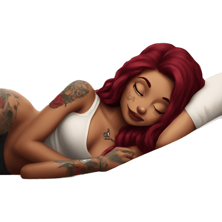 Beautiful tattooed burgundy long haired woman laying on the bed emoji