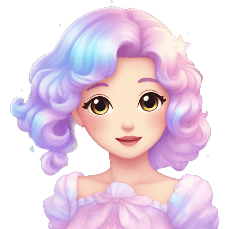 Gorgeous pastel anime style lady blushing nebula gradient sparkle face dreamy idol model colorful shiny stars galaxy kawaii cottagecore pearly petite simplistic aesthetic trending style emoji