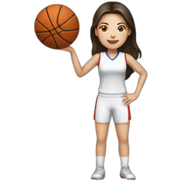 White skin brunette female playing football with basket ball emoji