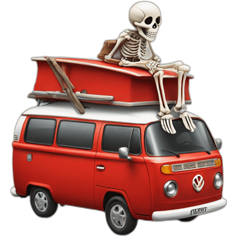 Skeleton sit on a red Campervan  emoji