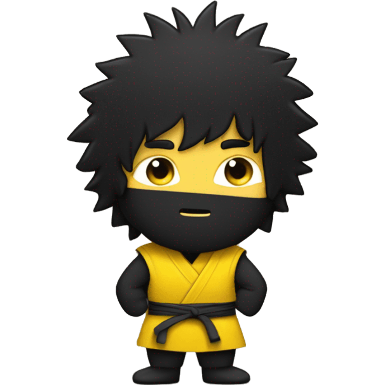 black shaggy hair, yellow skinned ninja clothed person
rubbing big belly, full shot emoji