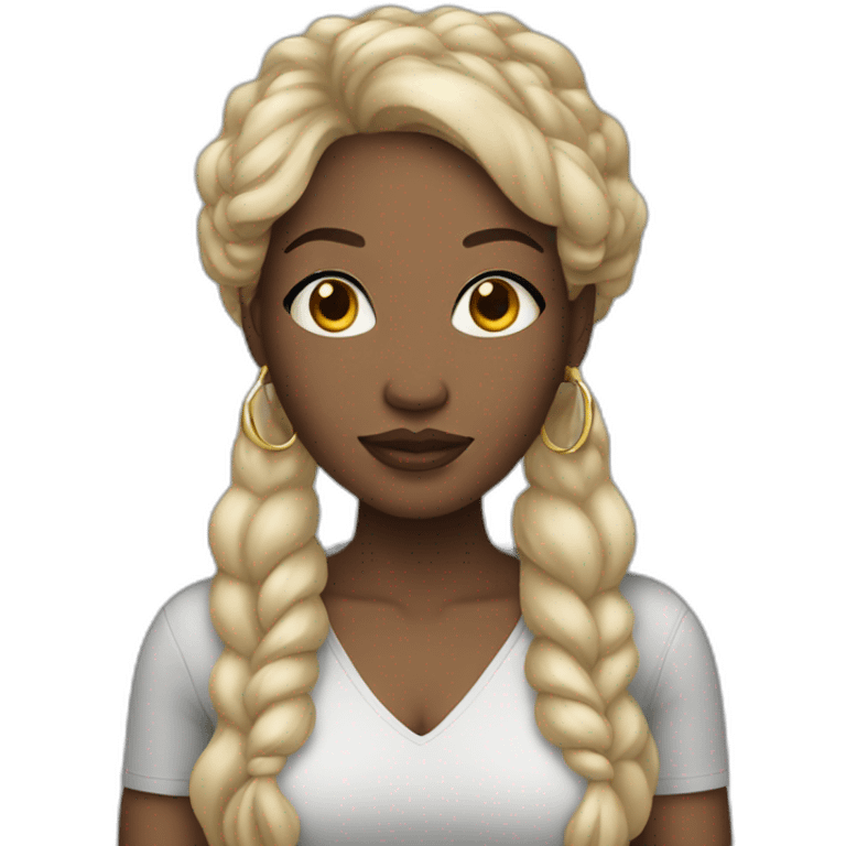 black woman with a round face and long black hair and hoop earrings emoji