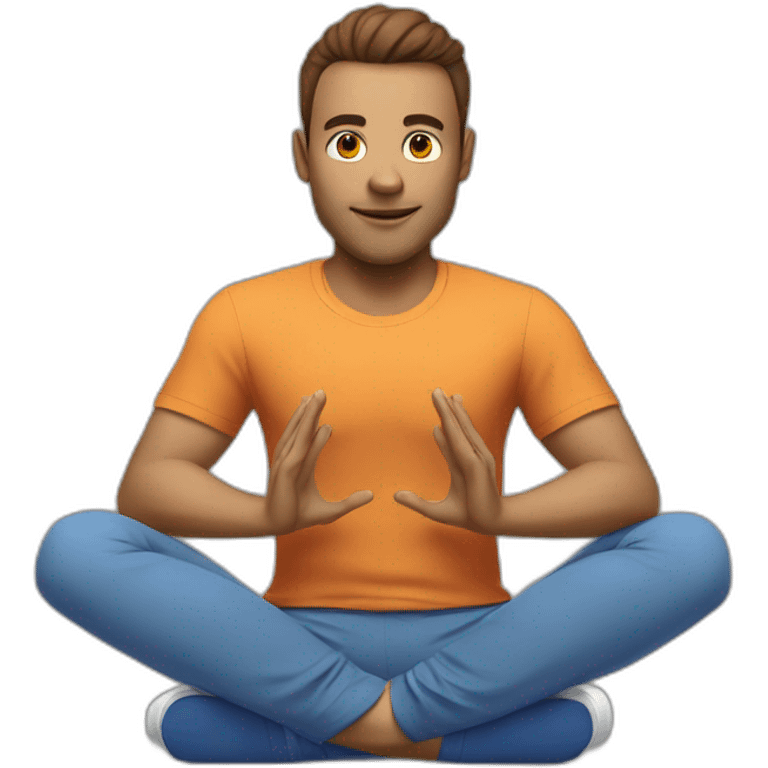 a gamer is sitting at a computer in a yoga pose in a blue T-shirt emoji