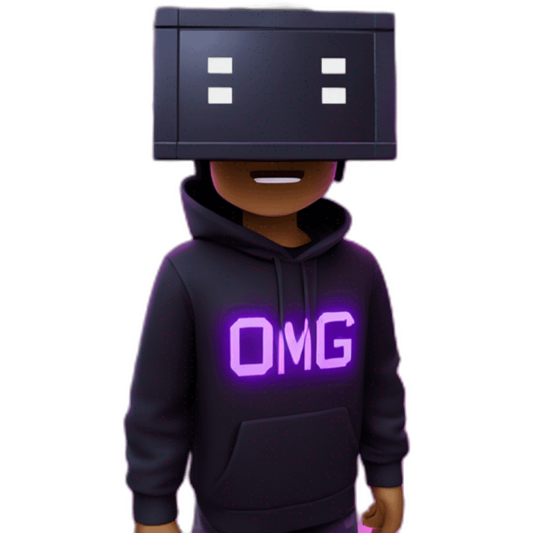 Minecraft steve wearing a black hoodie with "OMG" letters on it and VR headset in a cyberpunk VR environment with violet neon lighting. emoji