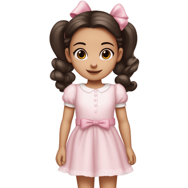 Little 3 year old Girl with light white skin, brown eyes. Dark hair in two ponytails, with light pink bows.  She is wearing a light pink and White dress, standing and holding a teddybear with a pink bow. Only showing up to her waist emoji