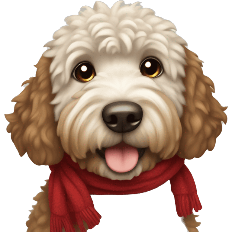 A dark brown and white furry golden doodle in a red scarf emoji