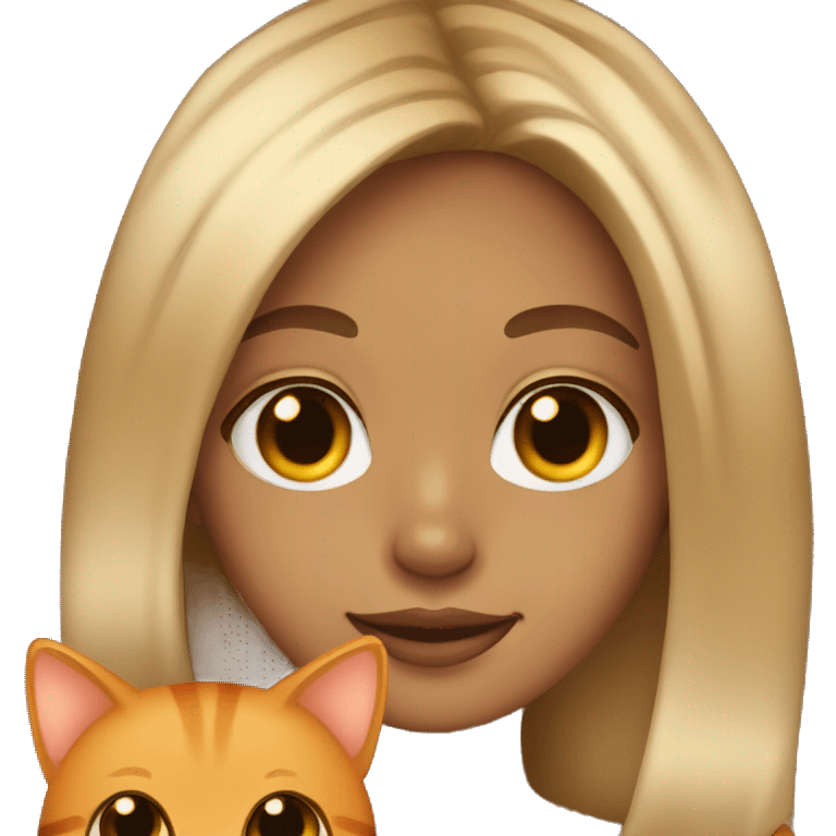 Tan girl with blonde balayage and brown eyes holding an orange cat emoji