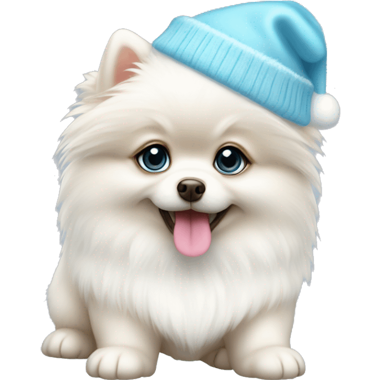 white pomeranian puppy full body light blue eyes pink christmas hat on emoji