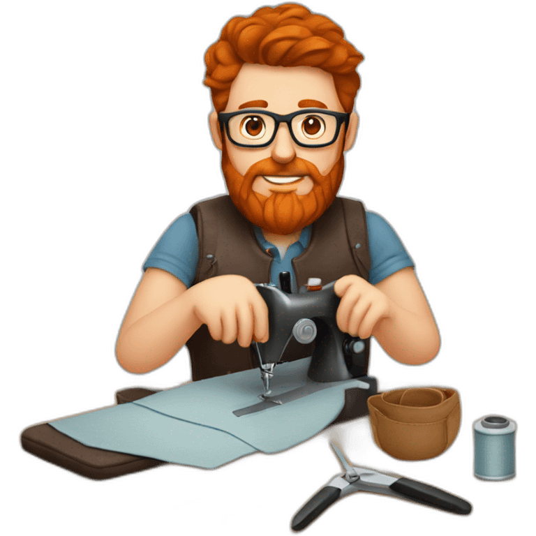 Red smooth haired man with beard and glasses sewing a leather bag by hand emoji