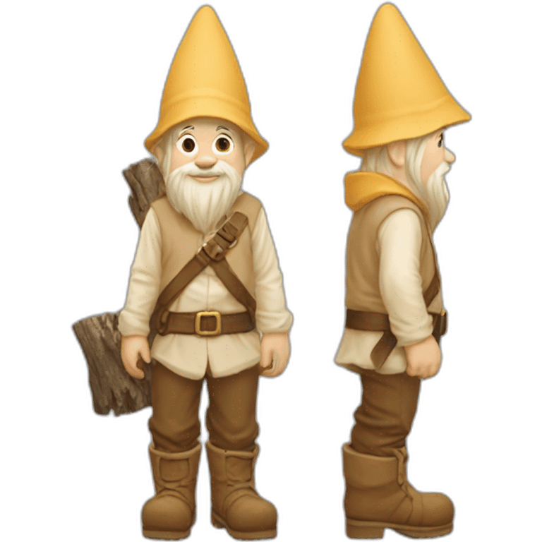 side view of gnome with light tan pants and light tan boots squatting in front of small brown log emoji