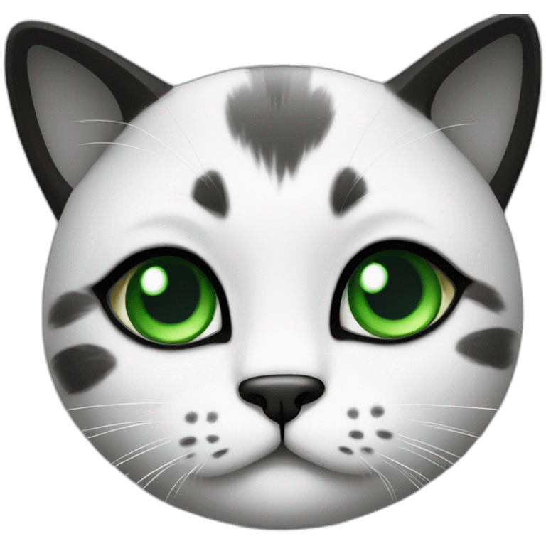 a little cat with a green eyes and black and white face emoji