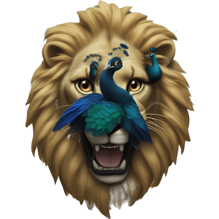 a face of a half lion and peacock bighting a black rose emoji