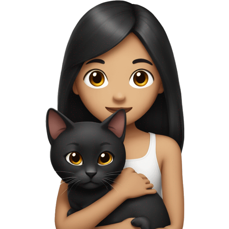 young girl with black long hair, oriental appearance, holds a dark brown cat in her arms emoji