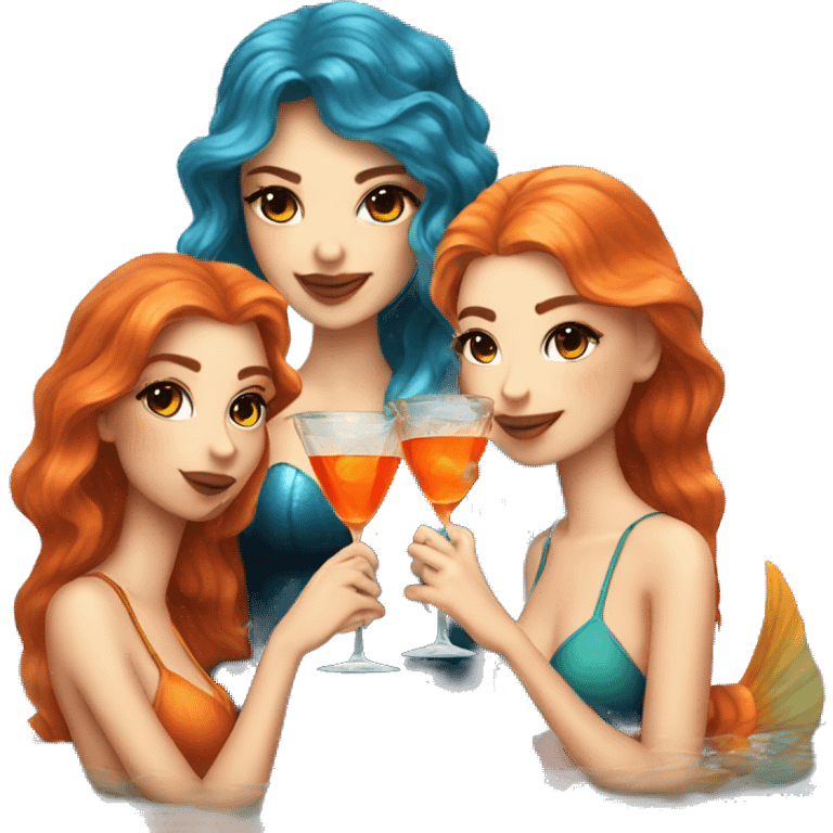 Three beautiful mermaids (light skin) drinking aperol emoji