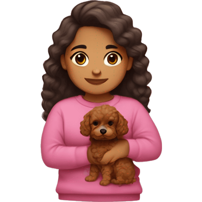 Chubby Hispanic girl holding all brown Cavapoo with pink sweaters on emoji