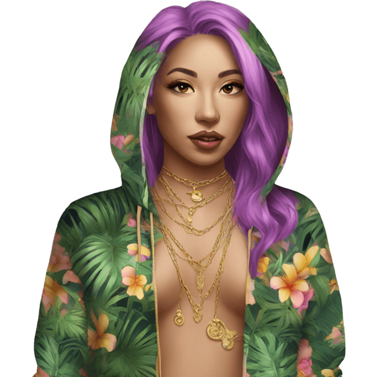 Trendy lady tropical baroque hoodie with tattoos and gold chain emoji