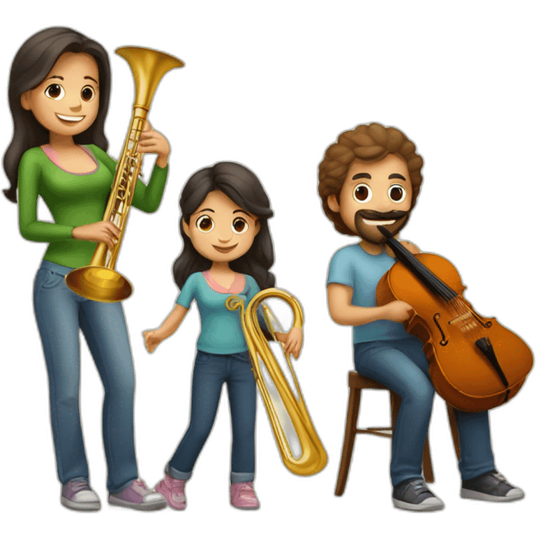 Caucasian family of a man with trombone & a morena woman with cello and they have a baby girl 1yo emoji