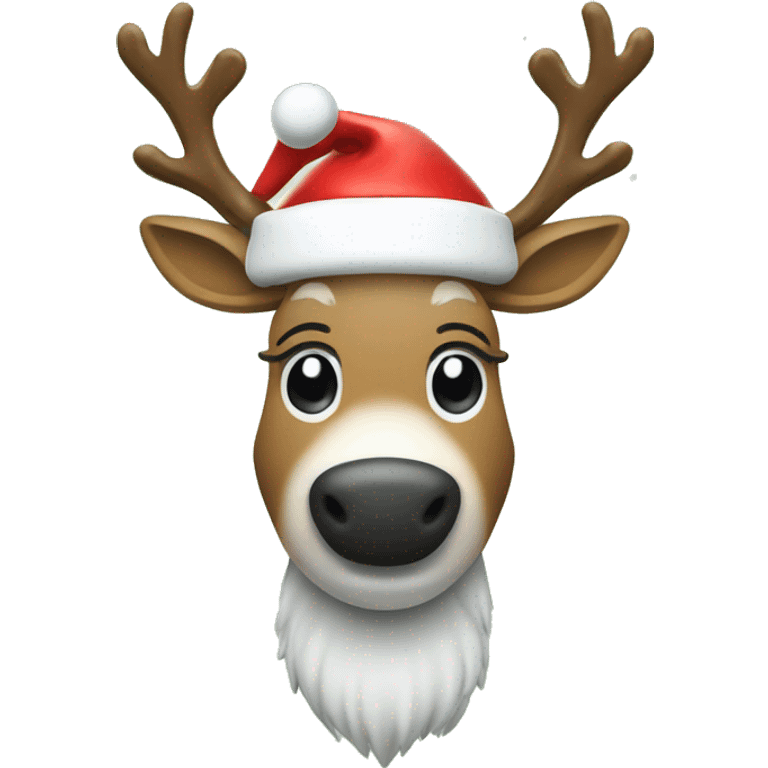 Reindeer wearing a Santa hat with a red nose snowing in the background emoji