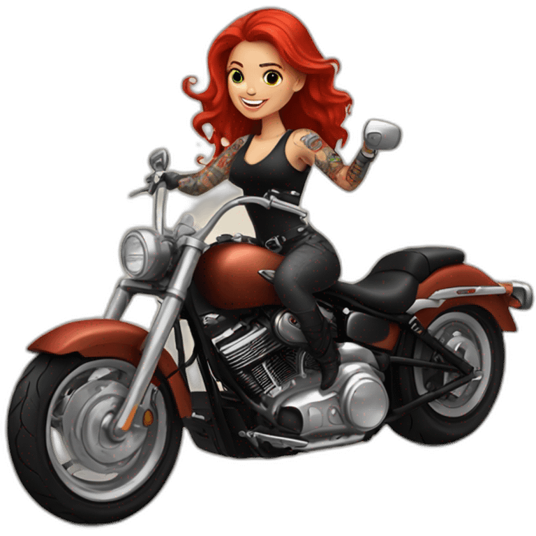 A pretty red haired girl with a lots of tattoos riding a Harley motorcycle on the back wheel emoji