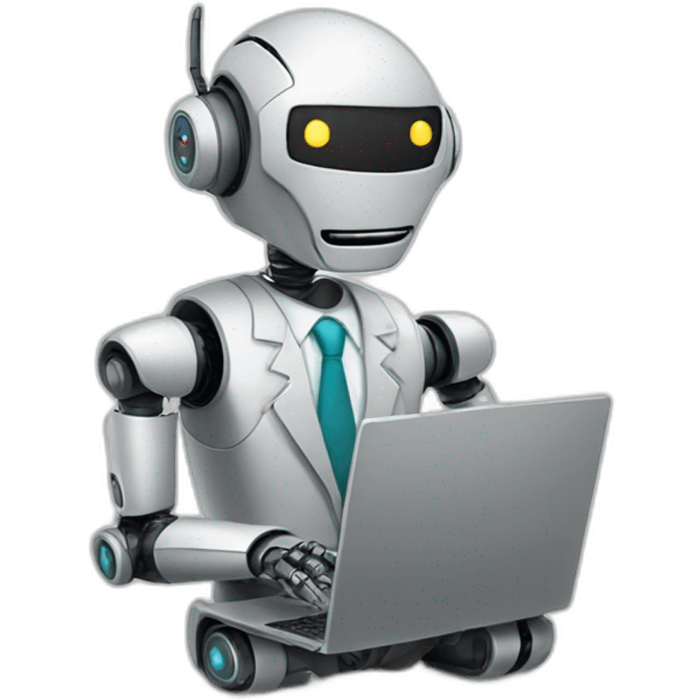 robot in a suit with head tilted using a laptop emoji