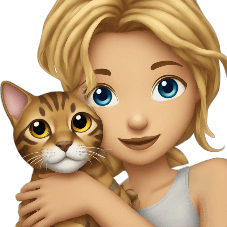 a beautiful girl with blue eyes and brown hair is holding a Bengal cat with yellow eyes in her arms emoji