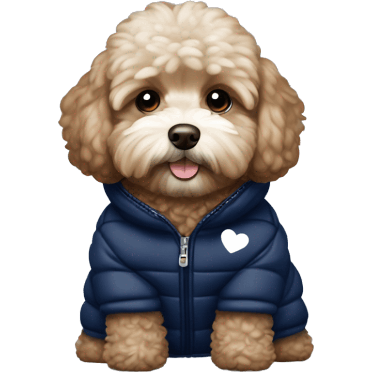 Brown Maltipoo wearing navy blue puffer jacket with little white hearts emoji