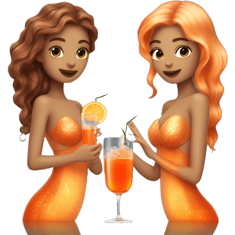 Three beautiful mermaids (light skin) drinking aperol emoji