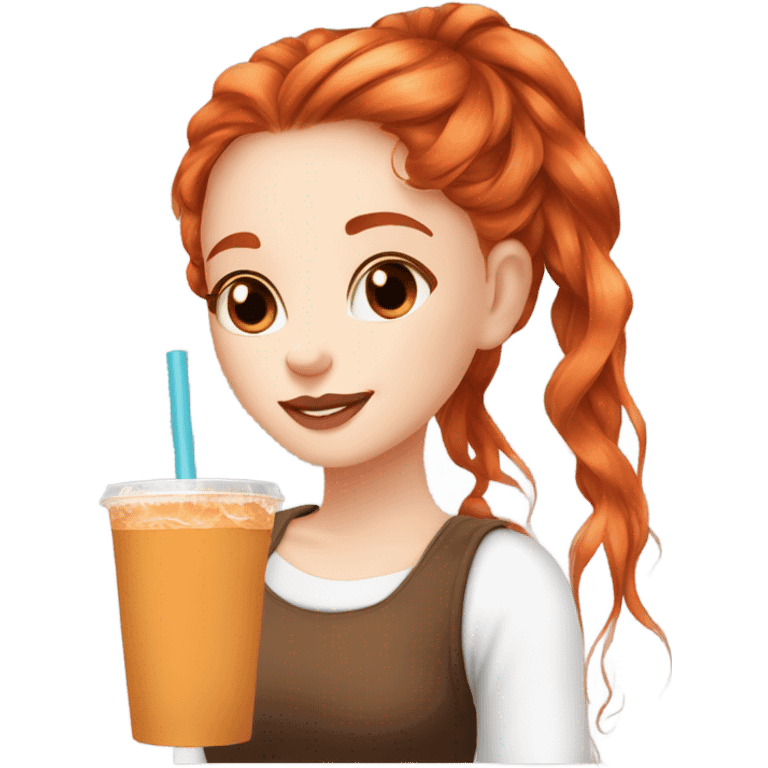 Beautiful fair skin long orange red hair girl brown eyes fair skin girly beautiful drinking straw iced ice coffee clean white beautiful emoji