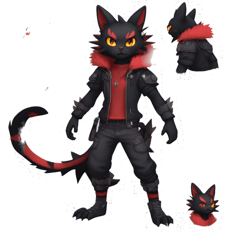 Black Anthro Cool Punk Noibat-Litten-Fakemon-fursona with fangs and red markings Full Body emoji